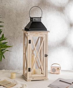 Lanterne carrée rustique en bois faite à la main avec couvercle en métal, lampe de table pour la décoration de la maison - Product Image 3