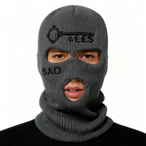 Bonnet brodé unisexe style streetwear avec trous pour les yeux et la bouche, couleurs gris, noir et jaune fluo - Product Image 5