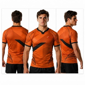 Camiseta de Rugby Sublimada con Diseño Geométrico Naranja y Negro para Hombre, Manga Corta, Ajustada, Transpirable, Cuello en V, Ropa Deportiva con OEM - Product Image 5