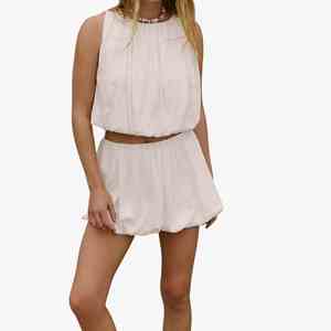 Conjunto de 2 Piezas para Mujer, Color Blanco, Top sin Mangas, Falda Plisada, Estilo Casual de Verano, Corte Holgado, Cuello Redondo, Color Sólido, Falda Burbuja de Algodón - Product Image 1
