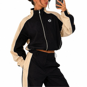 Custom Women Cropped Track <b>Jackets</b> <b>Lightweight</b> Contrast Panel Windbreaker Tracksuit Zipper Front Stand Collar OEM <b>Jacket</b> for men - Product Image 1