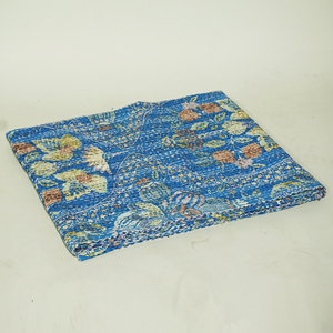Blue Floral Kantha <b>Quilt</b> Hand Embroidered Cotton <b>Bedspread</b> Reversible Printed Cover for Home Hotel - Product Image 3