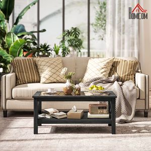 Tavolino da salotto nero con struttura in legno e piano in vetro temperato sotto il ripiano di stoccaggio - Product Image 2