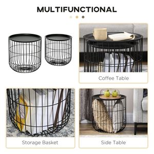 Black Nest of <b>Coffee</b> <b>Tables</b> with Steel <b>Wired</b> Basket Body and Removable Slate Top Center <b>Table</b> for Living Room - Product Image 6