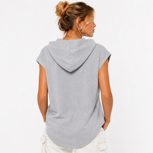 Camiseta sin mangas con capucha gris jaspeado OEM de fábrica, estilo relajado para mujer, ligera, personalizable, ropa deportiva en blanco, para todas las estaciones. - Product Image 2