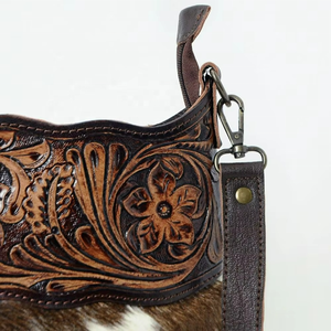 Western Cowhide Leather Crossbody Bag for Women Hand Tooled Floral Hair-On Hide Boho <b>Purse</b> Adjustable Strap - Product Image 2