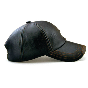 <b>Black</b> Sheepskin Leather Baseball Cap Adjustable Unisex Sporty Waterproof Embossed Four Seasons Breathable Flat Brim Style - Product Image 1