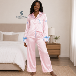 Conjunto de pijama de satén para mujer Jack And Jill Of America, de manga larga, con botones, bordado, de dos piezas, color rosa con ribete azul - Product Image 5