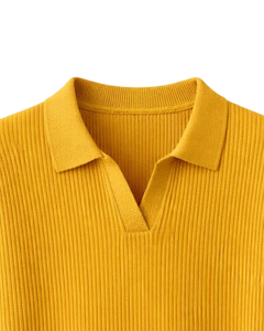 เสื้อโปโลผู้ชายสีเหลืองมัสตาร์ด แขนสั้น ผ้าถักลายริบ ทรงเข้ารูป สไตล์ลำลองสำหรับฤดูร้อน รับผลิตตามแบบ OEM พร้อมสกรีนโลโก้ ขายส่ง - Product Image 4