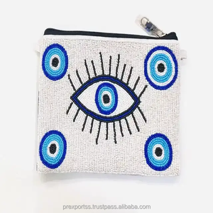 Monedero Artesanal Pequeño con Cierre, Ecológico, Resistente al Agua, Azul con Cuentas, Bordado con Puntos Verdes, Grande - Product Image 2