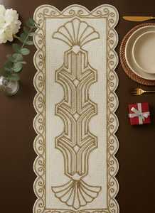 Embroidered Cotton <b>Table</b> <b>Runner</b> Geometric Pattern Classic Style Home Decor Beige <b>Gold</b> - Product Image 4