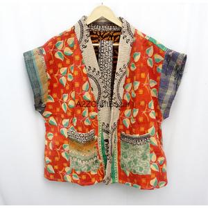 Kimono de invierno acolchado Kantha vintage con cinturón, manga corta, reversible, multicolor, chaqueta de algodón orgánico para mujer - Product Image 3