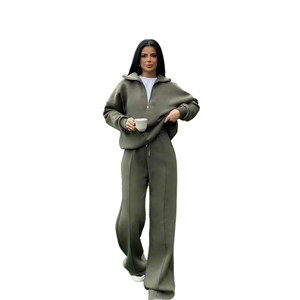 Womens Vintage <b>Tracksuit</b> Set 2 Piece Loose Fit Fabric Casual Zip-up Hoodie Jacket Sweatsuit Pants 100% Cotton - Product Image 4