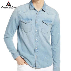 เสื้อเชิ้ตยีนส์ผู้ชายคุณภาพพรีเมียม ทรงหลวม พิมพ์ลาย ผ้าฝ้าย 100% สีตัดกัน วัสดุที่ดีที่สุด เสื้อเชิ้ตผู้ชายขายส่ง - Product Image 2