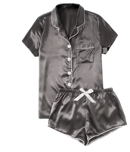 Summer Pajamas for Women Women's Casual Solid Silk Satin Pajama Set <b>Short</b> Sleeve Button Up Top & <b>Shorts</b> Sleepwear - Product Image 3