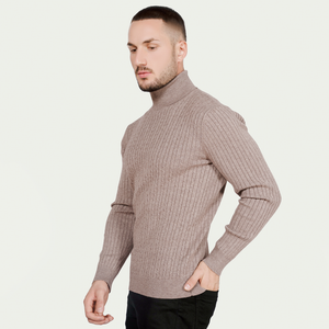 Suéter de Cuello Alto para Hombre, Color Taupe Sólido, Manga Larga, Tejido de Punto Acanalado - Product Image 1