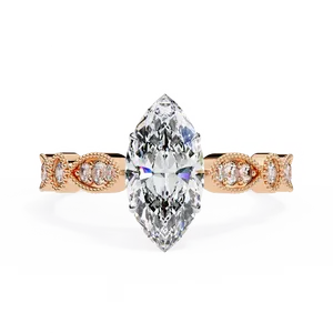 Bague de fiançailles en diamant de laboratoire taille marquise, or massif 18 carats, certifiée IGI, VVS E-F, style vintage avec accent rond East West - Product Image 3