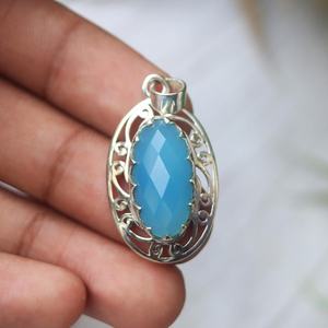 Blue Chalcedony Fashion Pendant 925 Sterling Silver Natural Gemstone Jewelry IGI Certified Unique Design Elegant Women Gift - Product Image 1