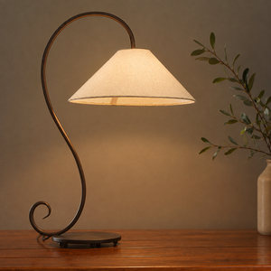 Lampe de table en métal finition bronze faite à la main KS International, abat-jour en tissu, lampe sur pied incurvée pour la décoration de la maison, salon, chambre à coucher - Product Image 1