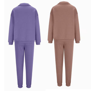 Conjunto de Sudadera con Media Cremallera y Pantalones Deportivos para Mujer, Color Morado Sólido, Tejido de Punto, Mezcla de Algodón, Manga Larga, Ropa Casual de Otoño - Product Image 5