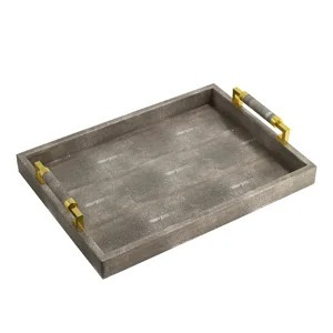 Rectangular Wood Storage <b>Tray</b> With Distressed Finish And Gold Handles Minimalist Design For Table Top Organization - Product Image 3