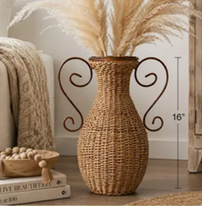 <b>Tall</b> woven rattan urn <b>vase</b> styled with ornamental metal side scroll handles, available at wholesale prices. - Product Image 1