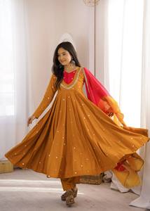 Conjunto de Vestido Anarkali con Pantalón y Dupatta para Mujer, Diseño Elegante, Seda Romana, Corte Amplio, Largo hasta el Tobillo, Sin Arrugas, para Fiestas y Eventos - Product Image 6