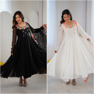 Ensemble haut long brodé en faux georgette et pantalon en micro-coton élastique avec dupatta en dentelle à broderie lourde (MHI 901) - Product Image 1