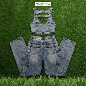 Women Denim Crop Top And Cargo Jeans Set Strappy Bustier Top Buckle Detail Wide Leg Utility <b>Pants</b> Two Piece Outfit - Product Image 5