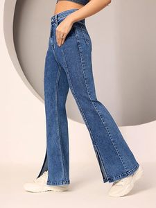 Jean bootcut taille haute pour femme, délavage foncé, avec détail de panneau fendu à carreaux - Product Image 2