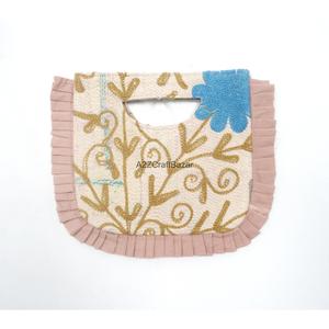 Handmade 100% Pure Cotton Kantha Suzani Embroidery Textile <b>Bag</b> With Ruffle Handle Classy Embroidery Design With <b>Medium</b> Size - Product Image 1