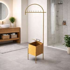 Perchero Moderno de Acero Inoxidable con Caja de Almacenamiento y Contenedor de Madera, Organizador de Ropa de Pie para Entrada - Product Image 6