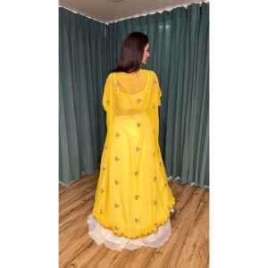 Conjunto de Lehenga Choli y Shrug Amarillo Talla M para Fiesta de Noche, Diseño FB - Product Image 3