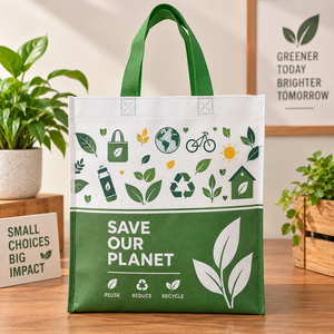 Bolsa de Mano Reutilizable de Tela No Tejida con Diseño de Hojas, Asa Larga, Ecológica y Reciclable para Compras y Negocios, Salva Nuestro Planeta - Product Image 1