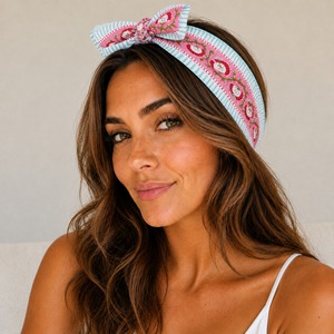 Diadema de Algodón con Estampado Floral, Lazo a Rayas Rosa y Azul, Accesorio Casual de Verano para Unisex y Mascotas - Product Image 1