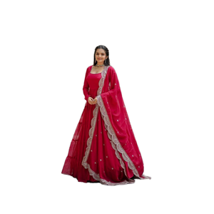 Red Fancy Designer Salwar Kameez Dupatta Indian Women's Party Wear Floor-Length Quick Dry Faux Georgette Regular Fit All Seasons - Product Image 1