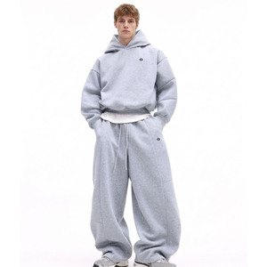 Conjuntos de sudaderas con capucha extragrandes de algodón premium gris de forro polar grueso de 450 GSM, ajuste holgado, con logo personalizado, conjuntos de joggers de ajuste holgado, ropa urbana al por mayor - Product Image 1