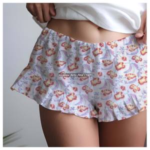 Shorts con volantes de corte holgado y estampado de bloques, de moda, casuales, de cintura alta, deportivos, de verano para mujer - Product Image 1