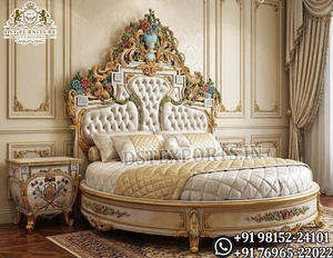Luxury European Style Round Bed with <b>Side</b> <b>Table</b> <b>Set</b> Classic King Size Bedroom Furniture Exclusive Gold Leaf Carved Bedroom <b>Set</b> - Product Image 5