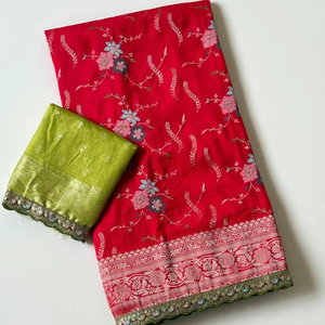 Premium Hand Dyed Georgette Jacquard Saree – Heavy Jari Weaving with Embroidery Lace Blouse Piece - Product Image 1
