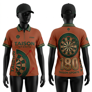 เสื้อดาร์ทหญิง 150 GSM ผ้าโพลีเอสเตอร์ระบายอากาศ สีส้มเขียวตัดกัน ลายกระดานดาร์ท พิมพ์ลายแบบ Sublimation โลโก้สั่งทำได้ - Product Image 1