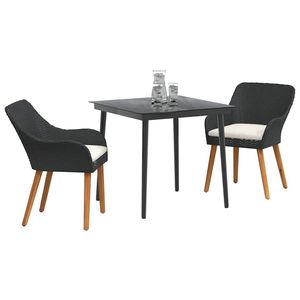 Set da pranzo da giardino in polyrattan nero a 3 pezzi con cuscini, mobili da esterno in stile contemporaneo, struttura in acciaio, gambe in legno massello - Product Image 3