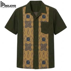 เสื้อเชิ้ตโบว์ลิ่งแขนยาวสไตล์วินเทจสำหรับผู้ชาย สีเขียวมะกอก คอปกคิวบา แบบลำลอง ติดกระดุม ปักลายตัวอักษร ผ้าฝ้าย 100% กันยับ - Product Image 1