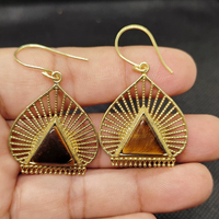 Boucles d'oreilles clous géométriques vintage en laiton plaqué or avec pierre œil de tigre, style rétro, pour femme, idéales pour les fêtes