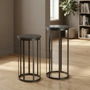 Modern Handmade Round Wooden Side <b>Table</b> with Iron Legs <b>Nesting</b> Design Rajasthan Living Room Furniture - Product Image 2