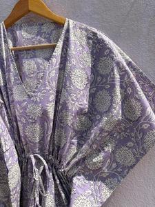 Lavender Floral Cotton <b>Kaftan</b> Dress for Women Printed Boho <b>Beach</b> Cover Regular Fit Eco-Friendly V-neck Resort Wear Summer Maxi - Product Image 3