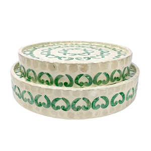 Tazón de fruta de MDF con incrustaciones de Capiz con patrón de Corazón Verde redondo, bandeja de servicio decorativa hecha a mano para decoración del hogar y la cocina - Product Image 6