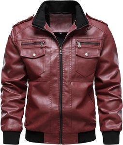 <b>Men's</b> Burgundy PU <b>Leather</b> Hooded Moto <b>Jacket</b> Zipper Front Slim Fit Autumn Style - Product Image 6