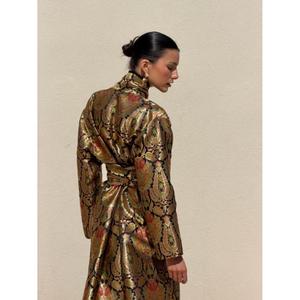 Luxury Kimono-kaftan In Black <b>Gold</b> Silk Brocade Subtle Textured Motif High Neckline Long Straight Silhouette Silk For Women - Product Image 3