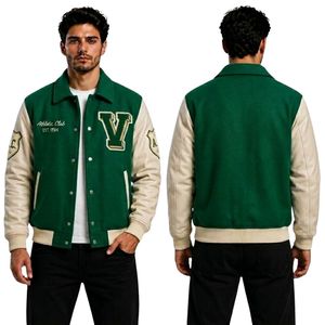 Chaqueta Varsity Retro Beige con Mangas de Cuero, Cuerpo de Lana Premium, Mangas Marrones, Cuello Plegable, Chaqueta Letterman para Hombre - Product Image 2